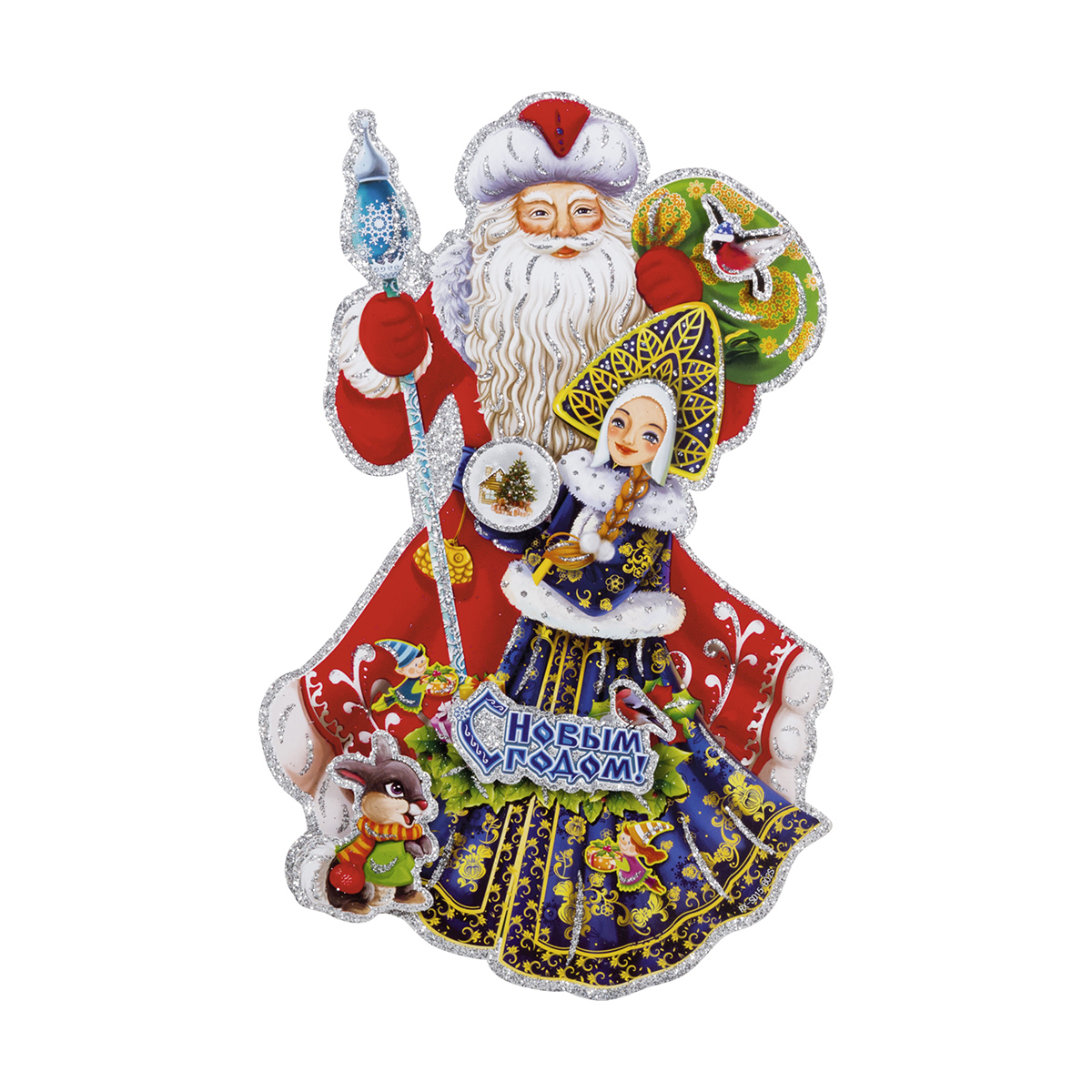 Наклейка новогодняя "дед мороз и снегурочка" 3d 40*23 см (1/20/600) "волшебная страна"