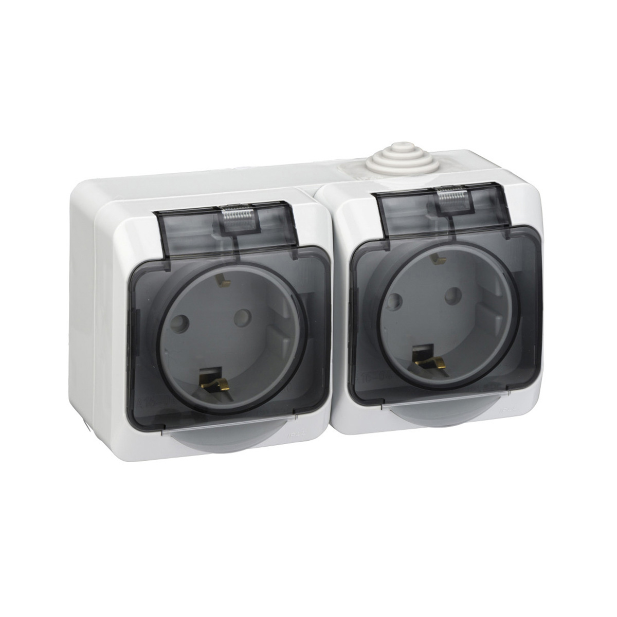 Розетка открыт. уст. "этюд" 2-х местн. с заземл, с шторками, с крышкой 16а, серый(1/7/42)"schneider"