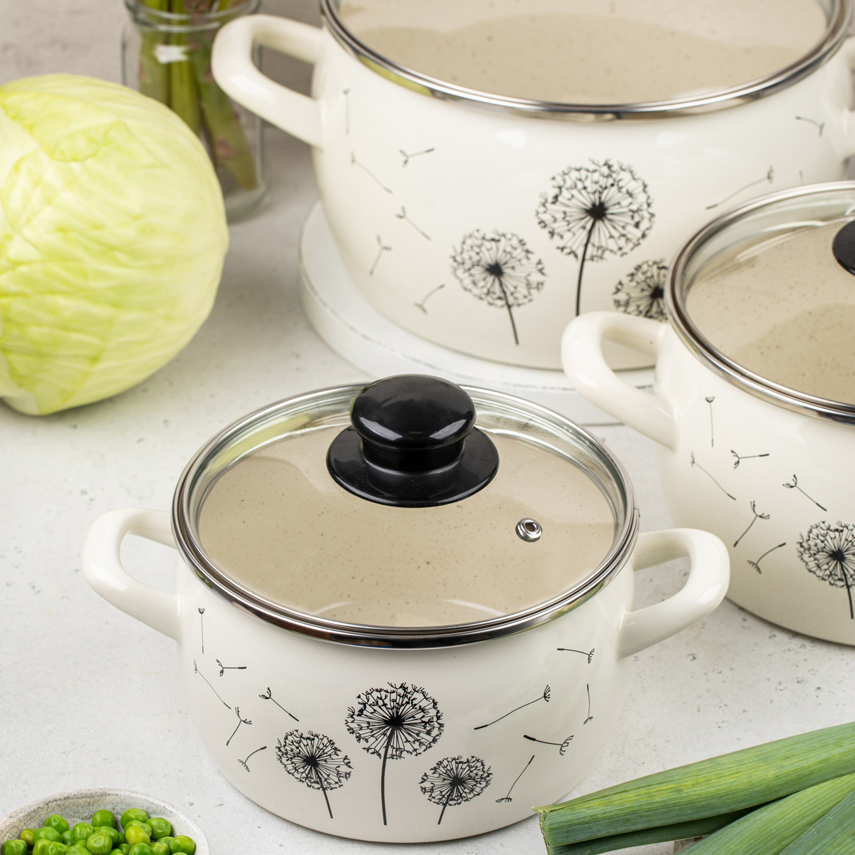 Набор кастрюль эмалиров. "одуванчик" (2,4 + 3,3 + 5,7 л) (1) "metrot"