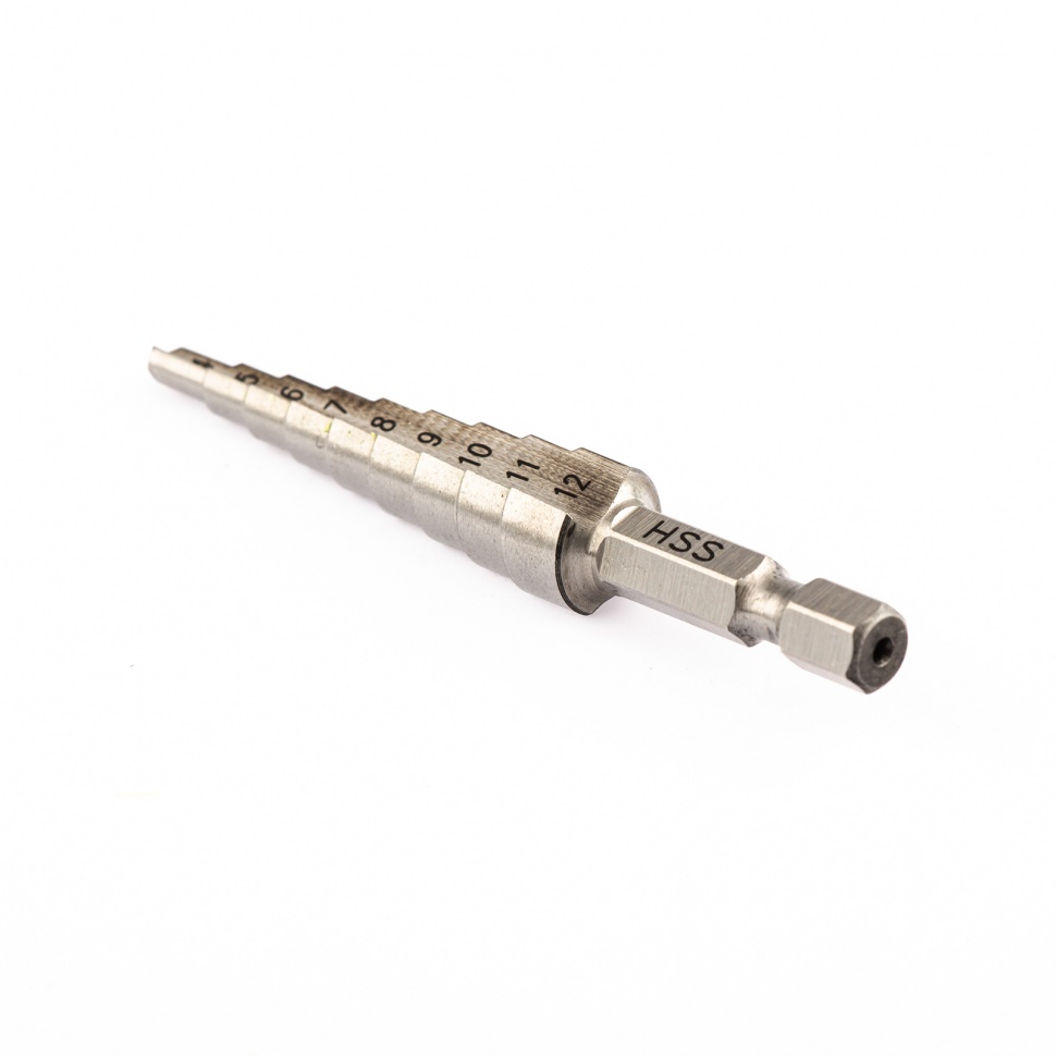 Сверло ступенчатое по металлу 4-5-6-7-8-9-10-11-12 мм, Р6М5, шестигранный хвостовик Барс (72360)