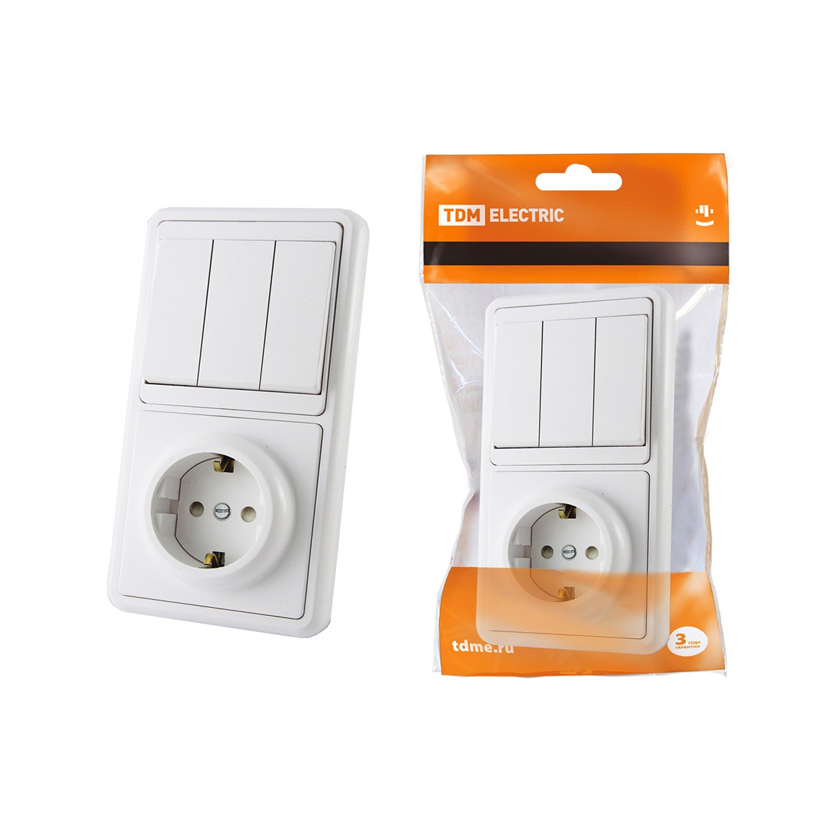 Блок комб. бквр 3-х кл. выкл. + розетка с заземл. с защитн. шторками (1/10/120) tdm sq1813-0003