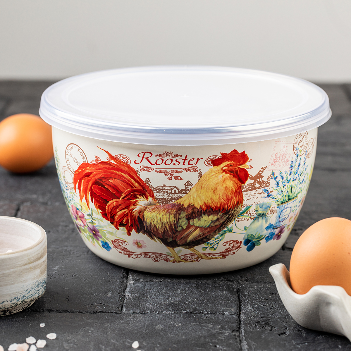 Миска эмалиров. "золотой петушок" 1,1 л, 14 см пласт. крышка (1/6) "metrot"