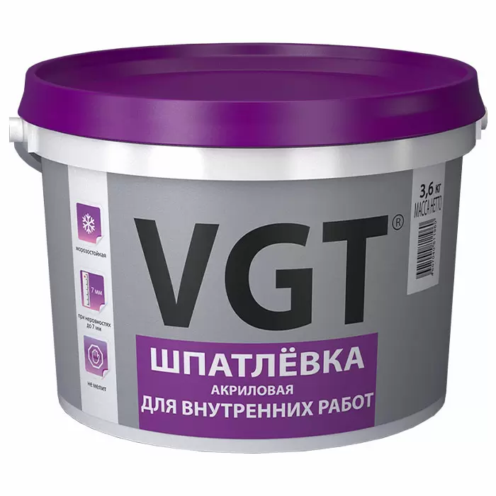 VGT ШПАТЛЕВКА ДЛЯ ВНУТРЕННИХ РАБОТ акриловая для заделки неровностей до 7 мм (18кг)