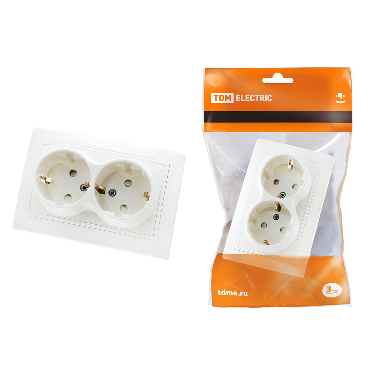 Розетка двойная с заземл. 16а 250в ip20 с защитн. штор. "таймыр", белая (1/10/100) tdm sq1814-0018