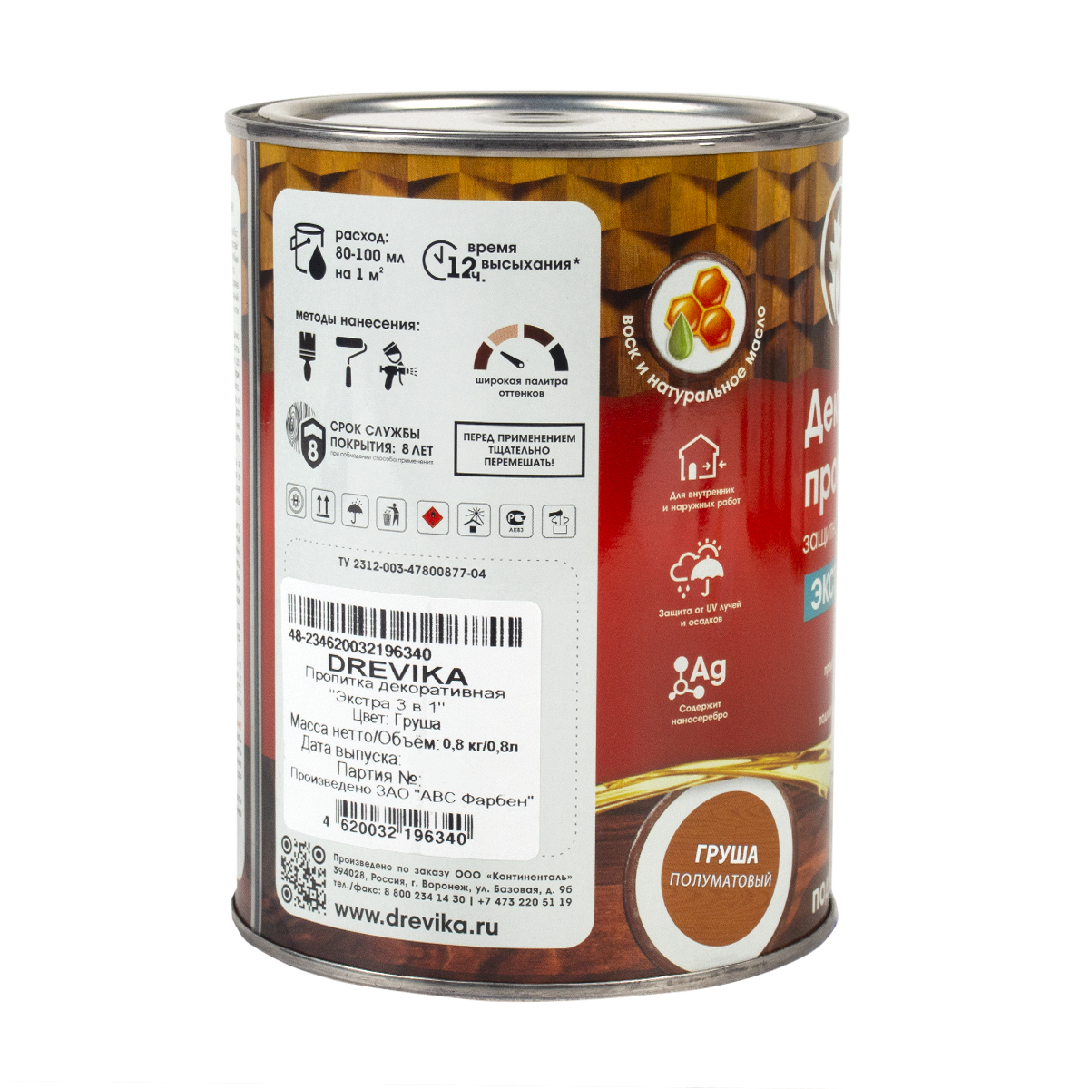 Пропитка декоративная "экстра 3 в 1" груша 0,8 л (1/8) "drevika"