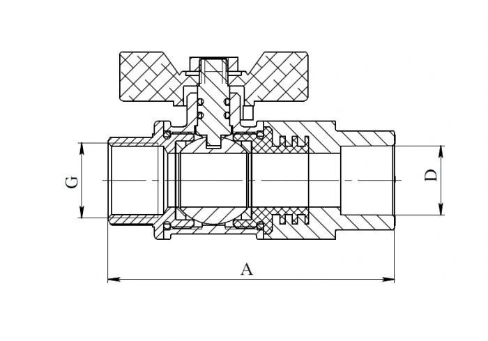 Кран шаровый комб. с американкой 20 х 1/2" (ВР) ПП (PP-R100) серый HEISSKRAFT