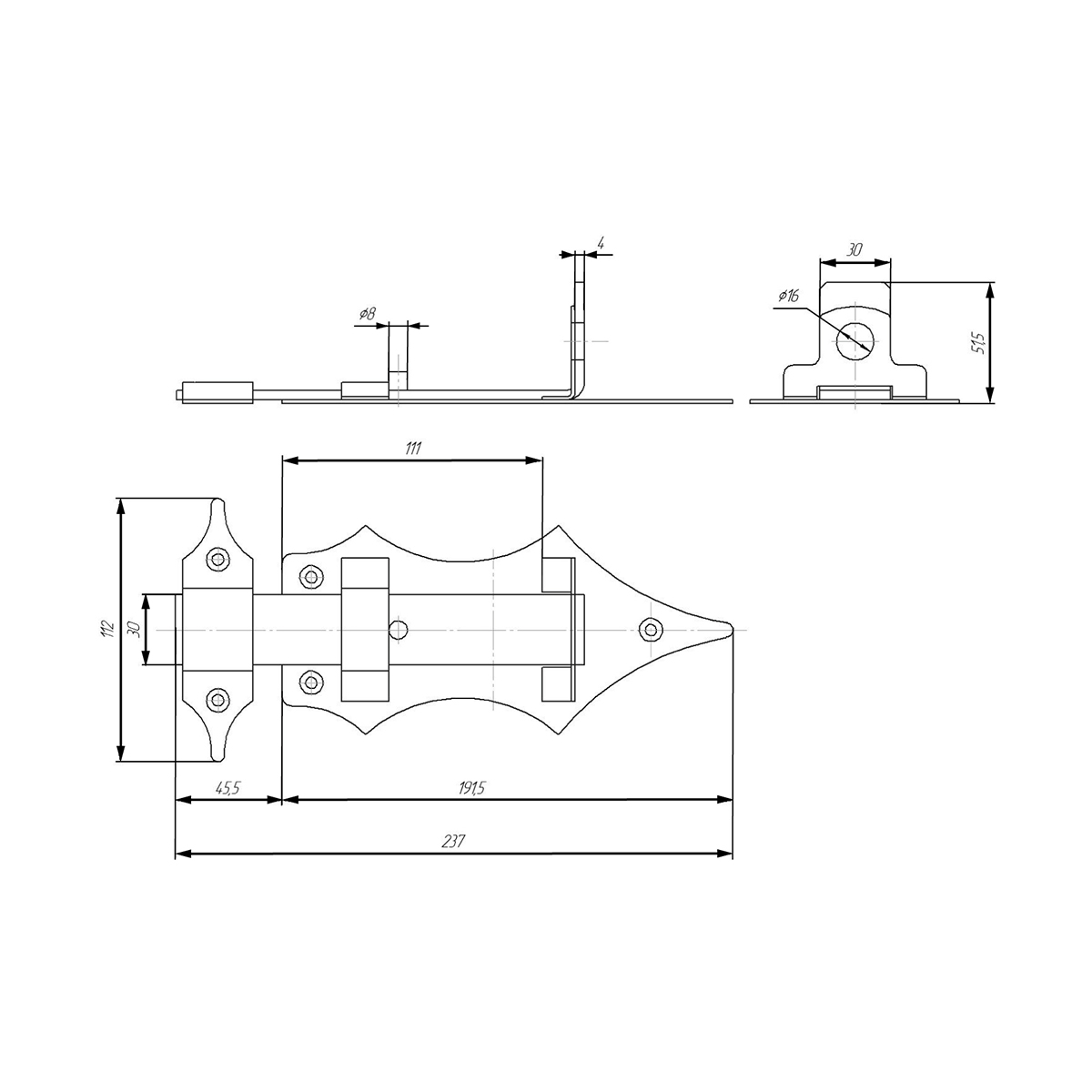 Засов дверной зд-14 плоский с проушиной (бронза антик) (25) "секрет"
