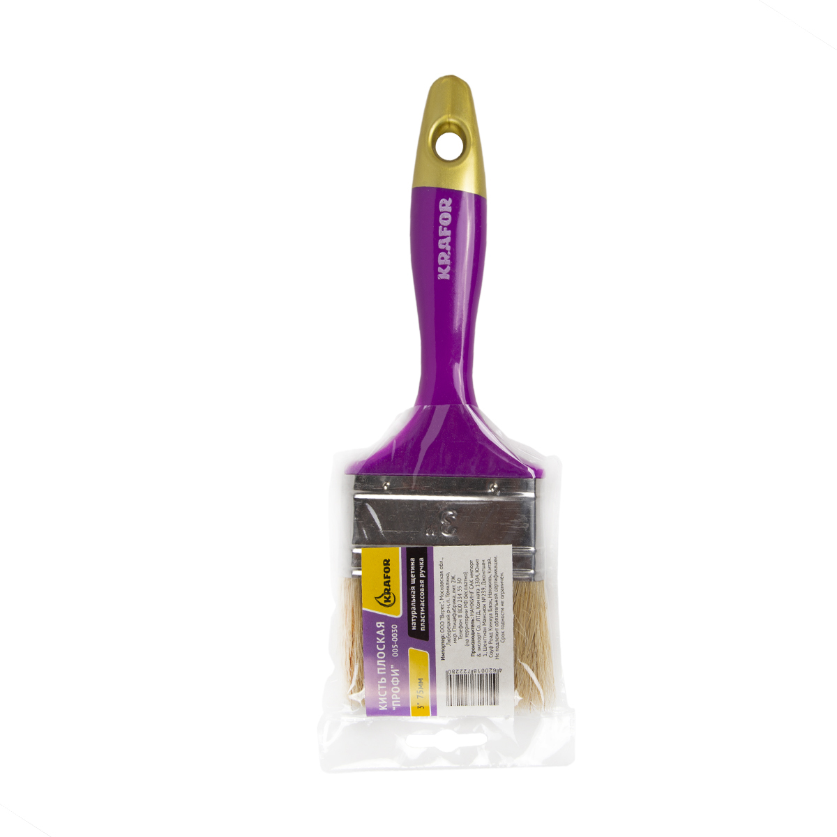 Кисть плоская "профи" №3 /75 мм  (12/240) натур. щетина, пласт.ручка "krafor" 005-0030
