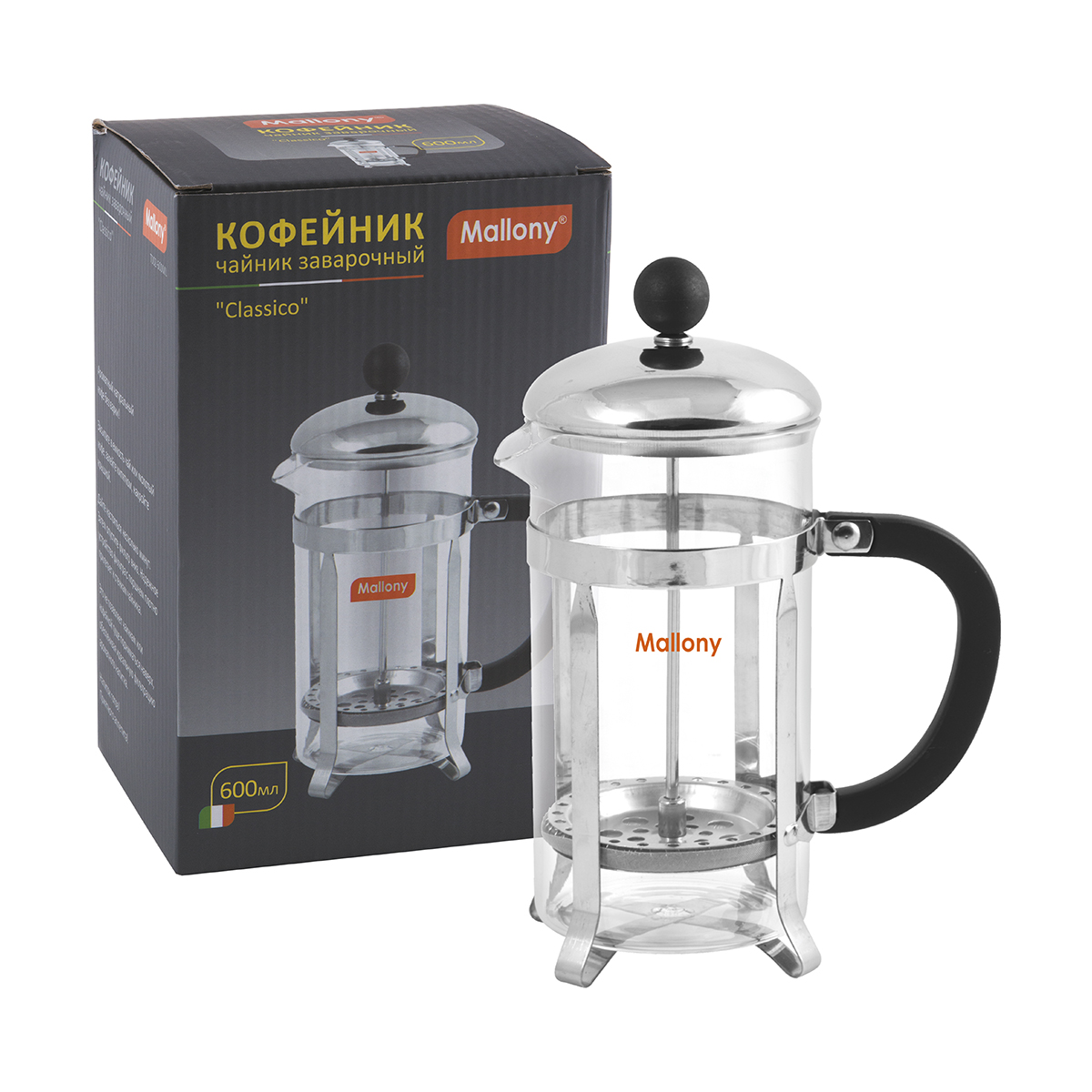 Чайник-кофейник с прессом "classico" стекло 600 мл (1/12) "mallony" t002-600ml