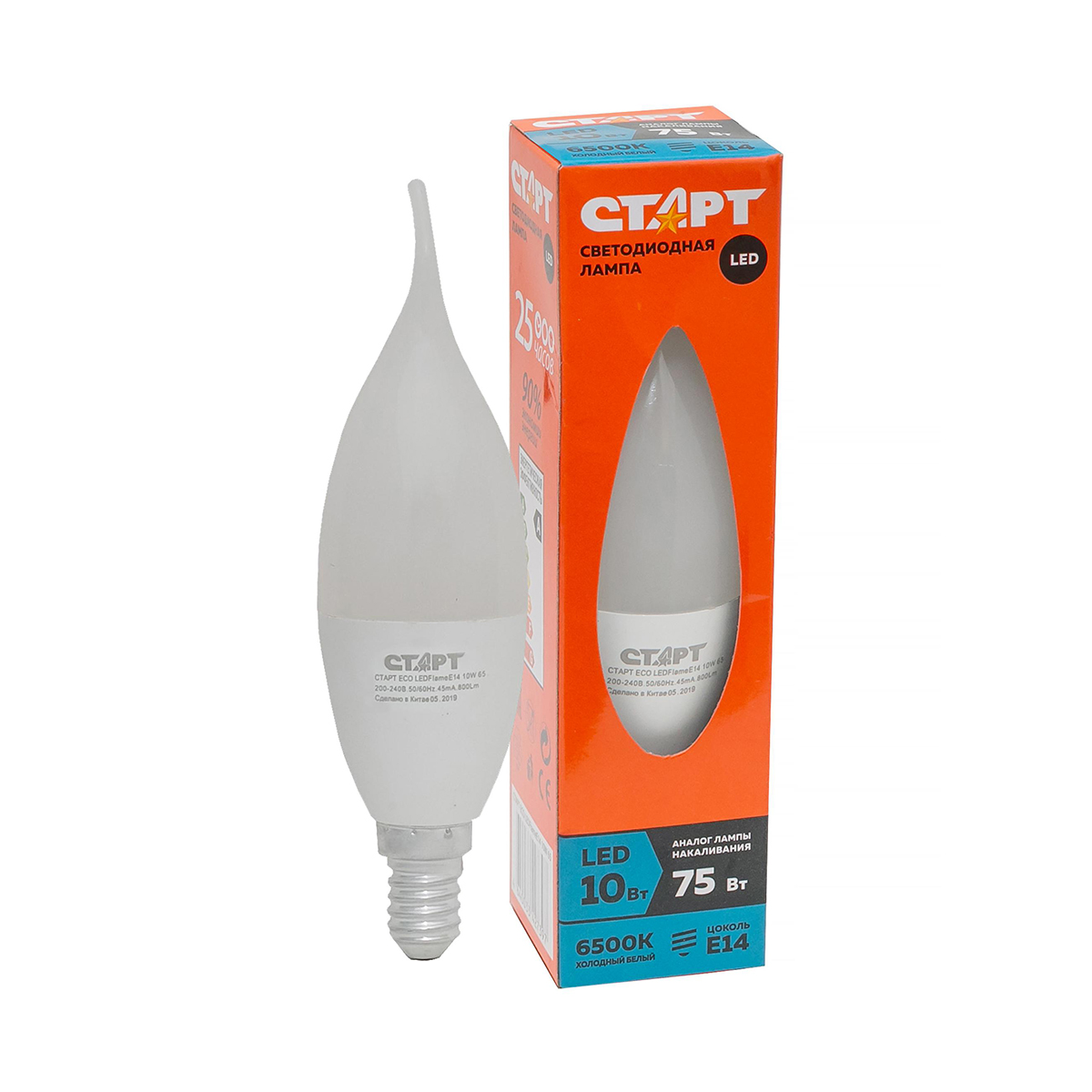 Лампа светодиодная "старт эко" свеча на ветру 10w 6500 к  e14, белый хол. свет (10/100)