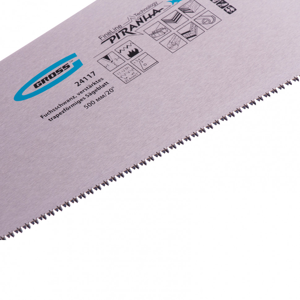 Ножовка по дереву Piranha, усиленное трапецевидное полотно, 500 мм, 11-12 TPI, зуб3D, каленый зуб, двухкомпонентная рукоятка Gross (24117)