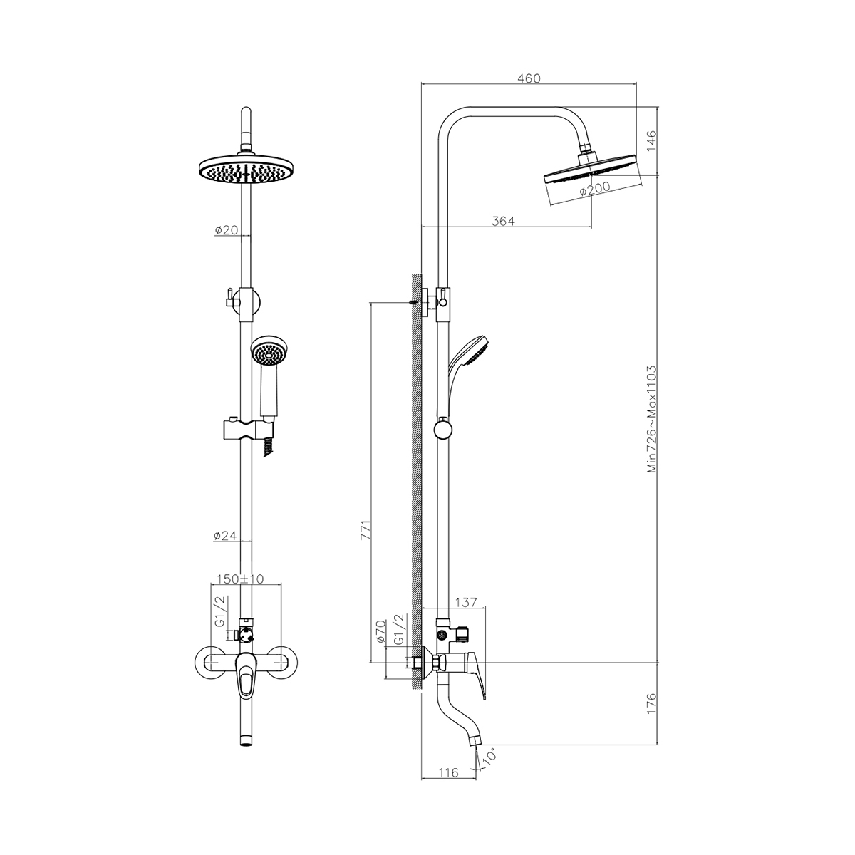 Душевая система dr21071 верх. душ "тропич. дождь". поворотн. излив, лейка 3 реж. (1/4) "decoroom"