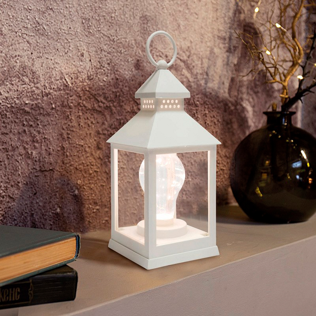 Фонарь декор. с лампочкой 10,5*10,5*24 см, белый, теплый белый свет (1/12) "neon-night" 513-052