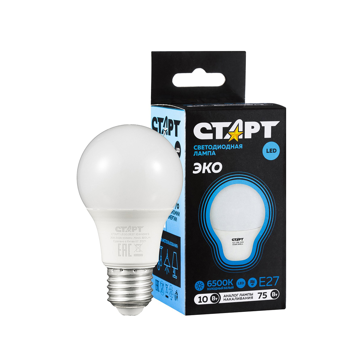Лампа светодиодная "старт эко" груша 10w 6500 к  e27, белый хол. свет (10/100)