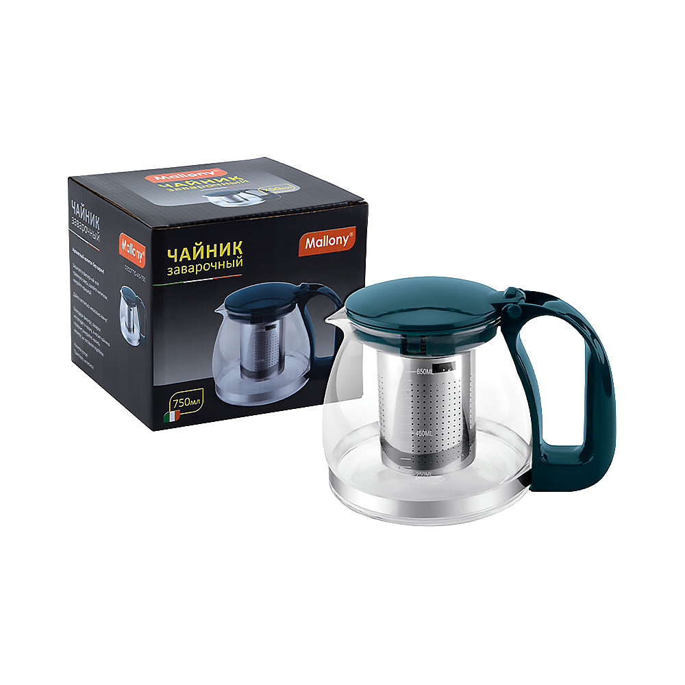 Чайник завар. стекло 750 мл, ручка и крышка пласт., фильтр нержав. (1/12) "mallony"  as-750