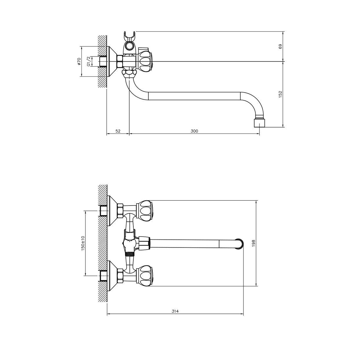 Смеситель для ванн dr50045r двухвентильный, поворотн. излив 300 мм (1/12) "decoroom"