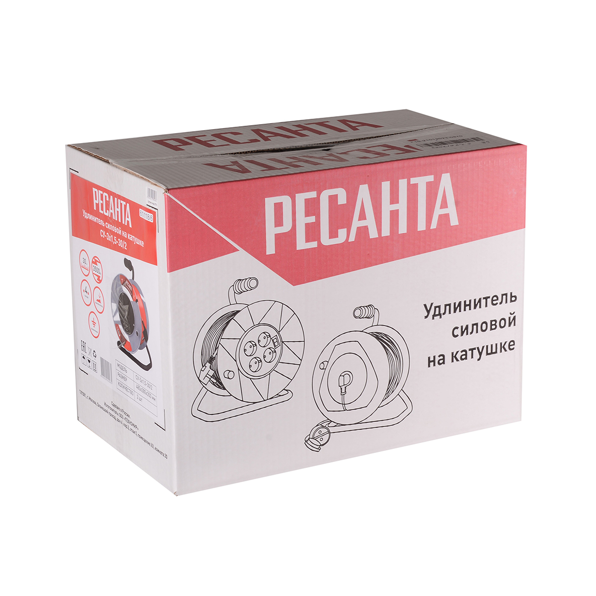 Удлинитель на катушке су-3х1,5-30/2 4 розетки, 30 м 3*1,5 мм(1) "ресанта"