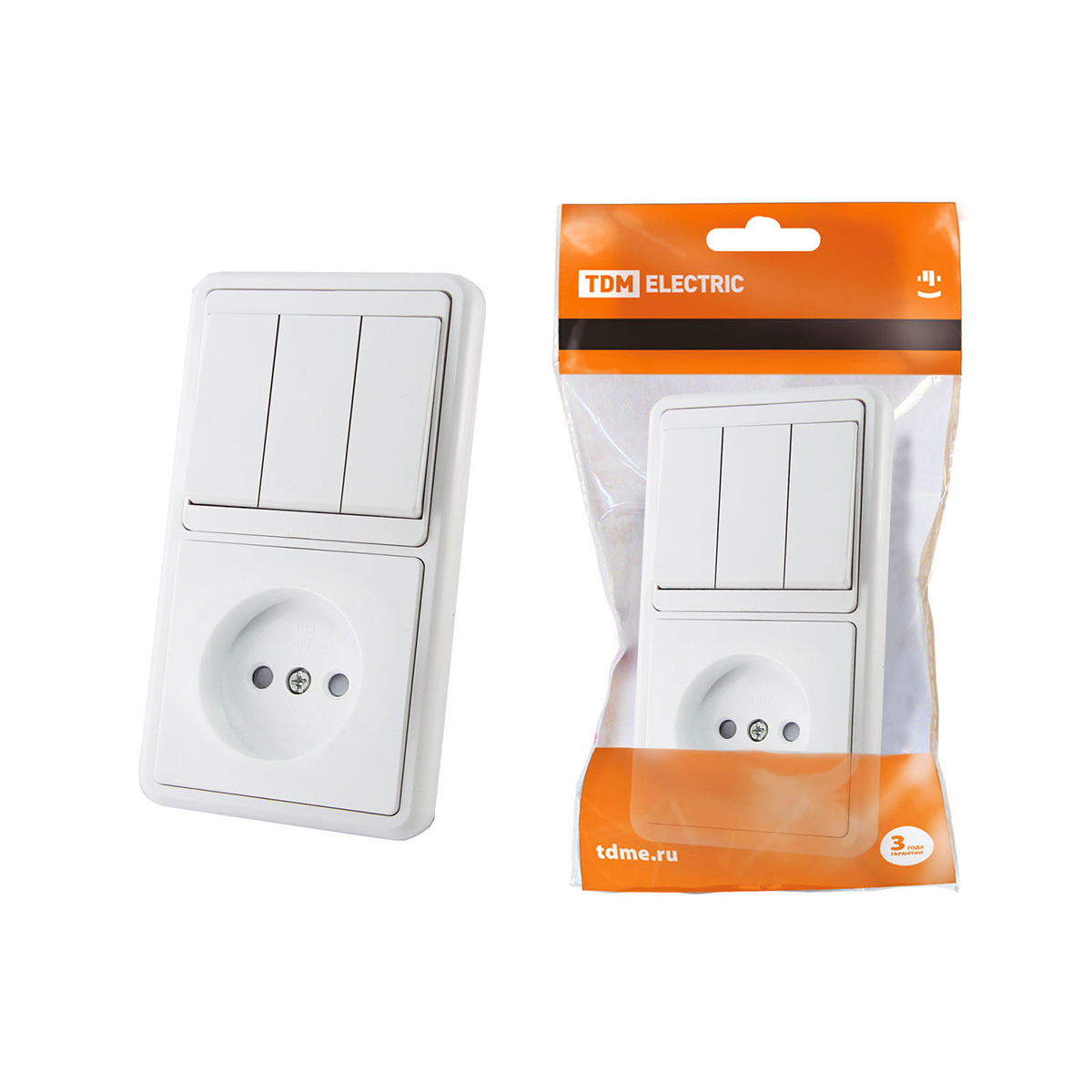 Блок комб. бквр 3-х кл. выкл. + розетка с заземл. с защитн. шторками (1/10/120) tdm sq1813-0006