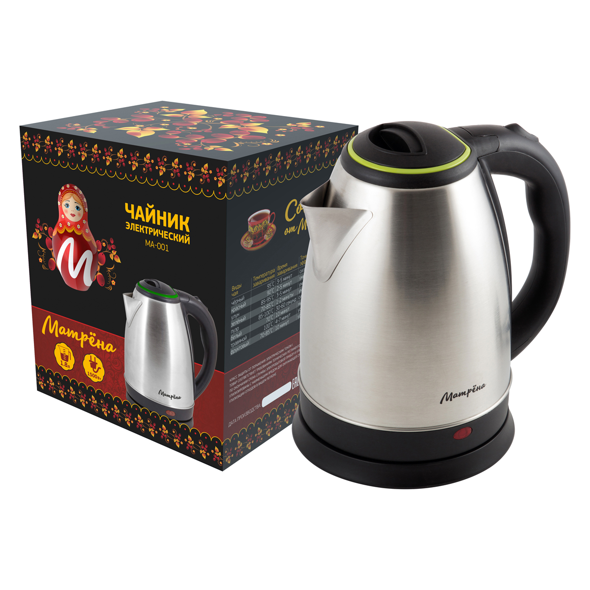 Чайник электр. "матрёна" ma-001 1,8 л (1/12) сталь, крышка зеленая