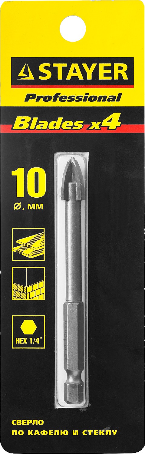 STAYER 10 мм, 4х кромка, HEX 1/4, Сверло по стеклу и кафелю (2985-10)