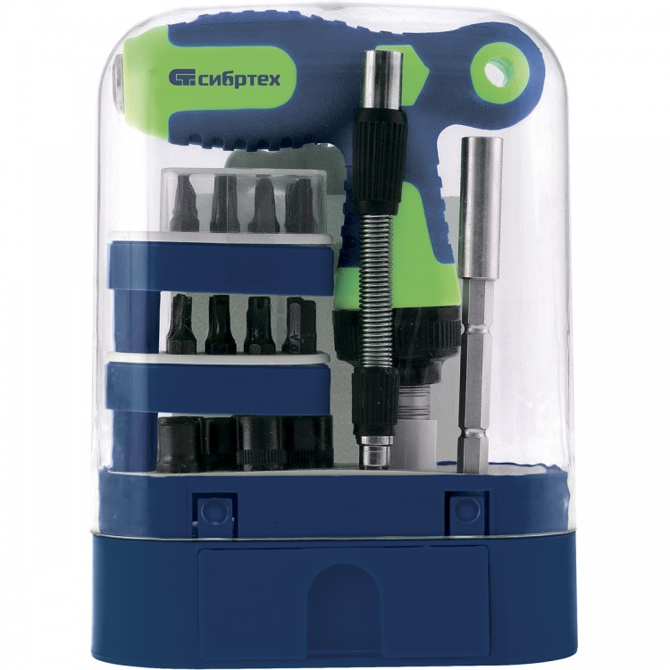 Отвертка Т-образная реверсивная с набором бит, торцевых головок, 33 предмета, CrV Сибртех (13382)