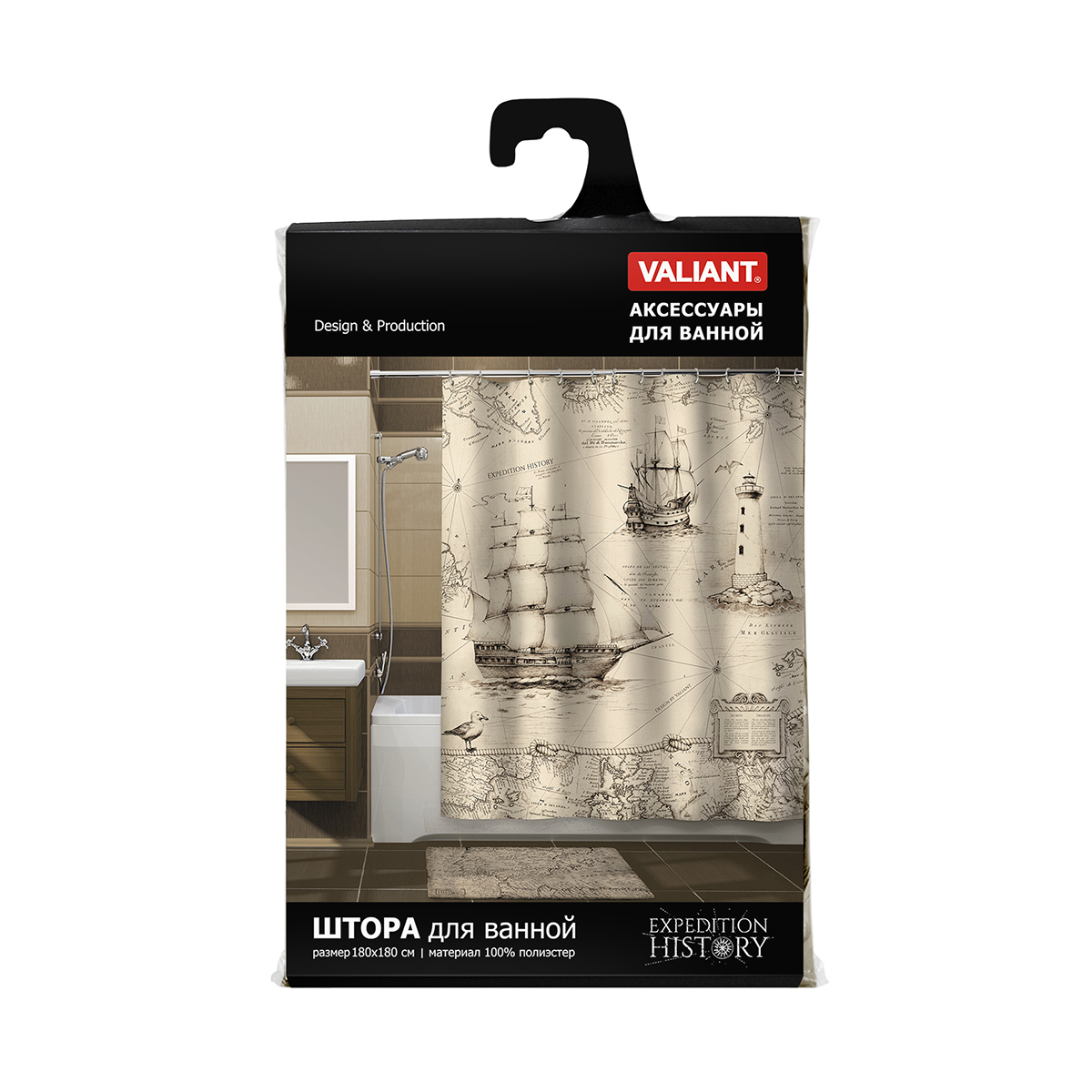 Штора для ванной 180*180 см (полиэстер) "expedition history" (1/24) "valiant" exp-h-1818