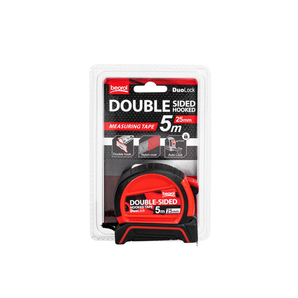 Рулетка с автостопом двухсторонняя шкала 5 м/25 мм обрезин. корпус (1/12/48) "beorol"