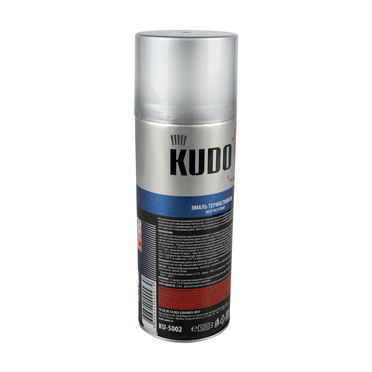 Краска аэрозоль  термостойкая серебристая  520 мл (12) "kudo" ku-5001