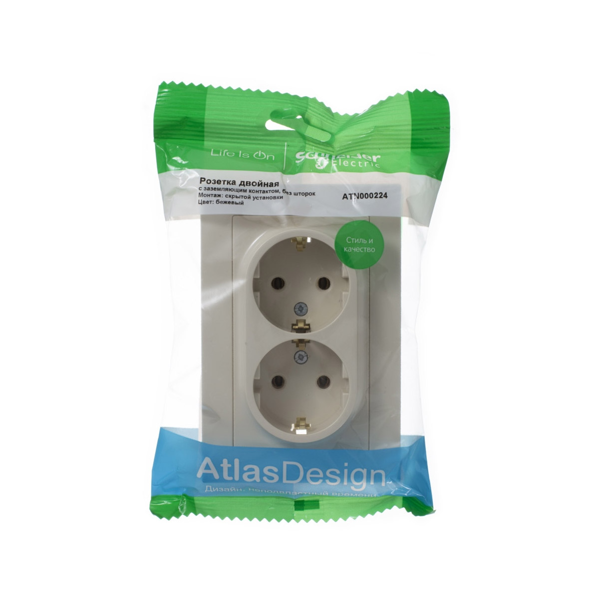 Розетка "atlasdesign" 2-х местн. с заземл. 16а, бежевый (1/10/60) "schneider"
