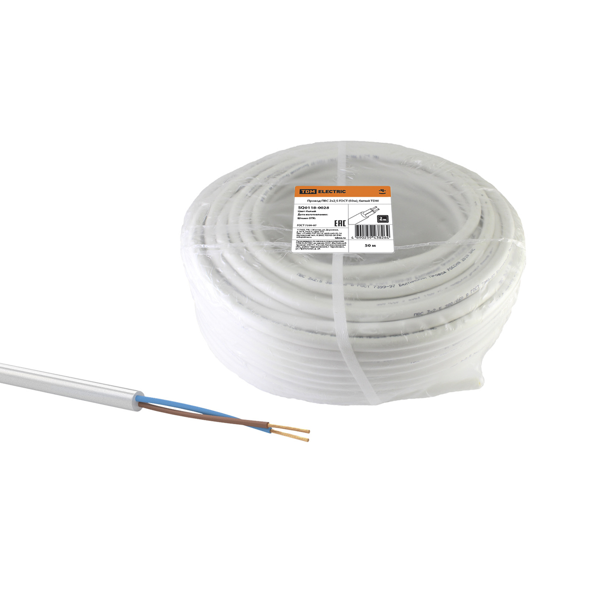 Провод пвс 2 х 2,5 мм² гост (бухта 50 м) белый (1) tdm sq0118-0028