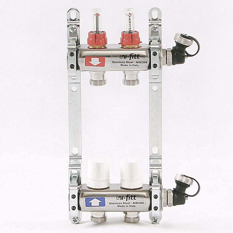 Коллекторная группа 1'х3/4" ЕК 2 выхода UNI-FITT из нержавейки с расходомерами и дренажными клапанам
