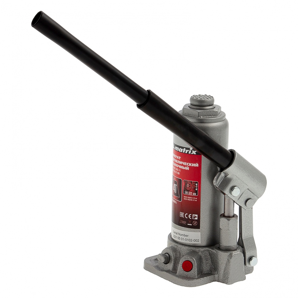Домкрат гидравлический бутылочный, 4 т, высота подъема 194-372 мм, в пластиковый кейсе Matrix (50754)
