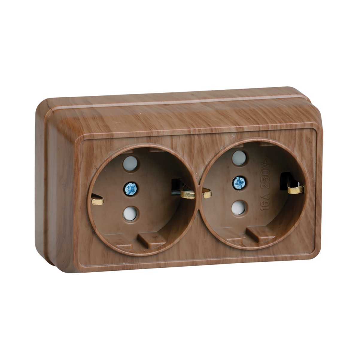 Розетка открыт. уст. "октава" 2-х местн. с заземл, с шторк. рсш22-3-од, 16а, дуб (1/18/216) "iek"