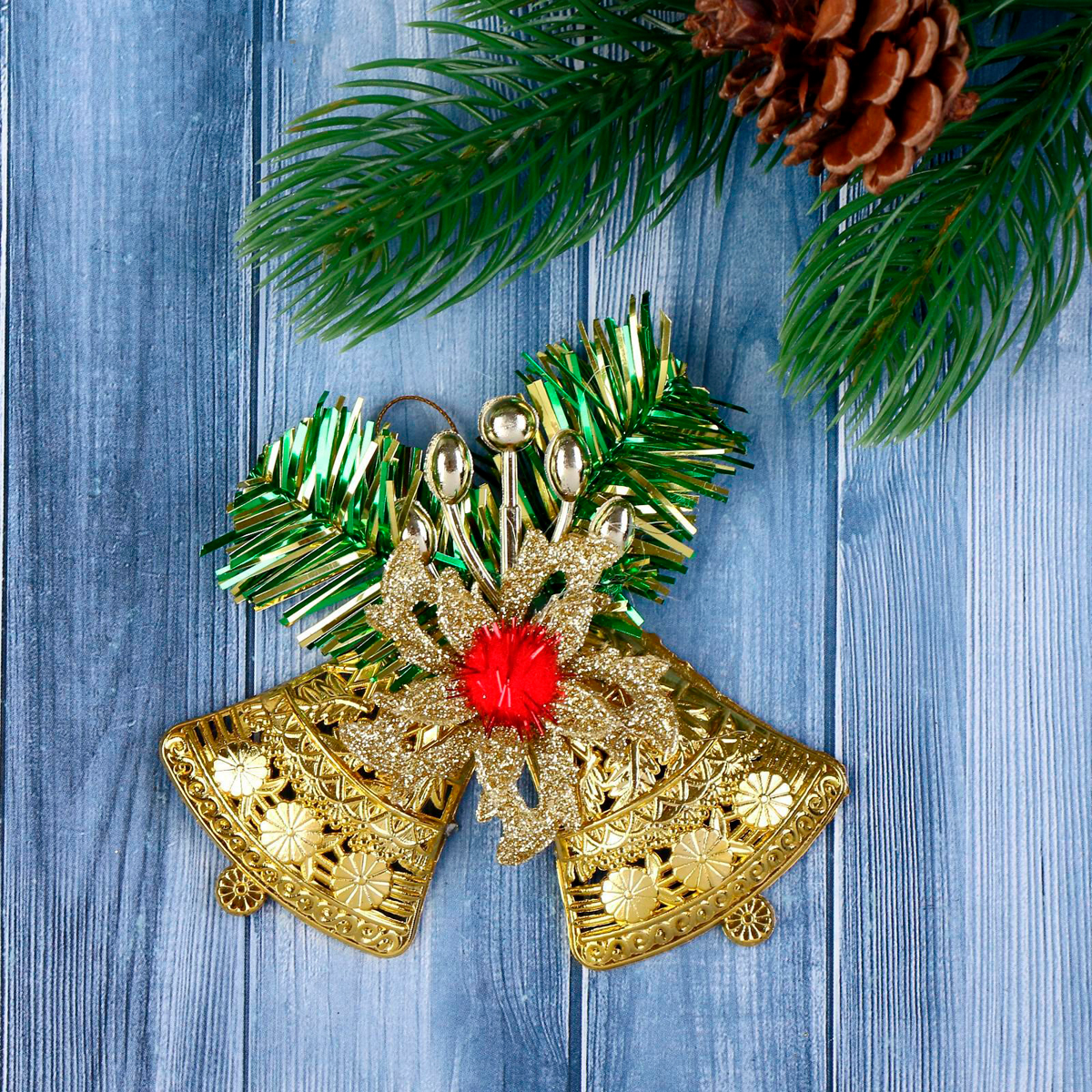 Украшение новогоднее "колокольчик двойной с цветком" 10*9 см, золото "зимнее волшебство" 3556998