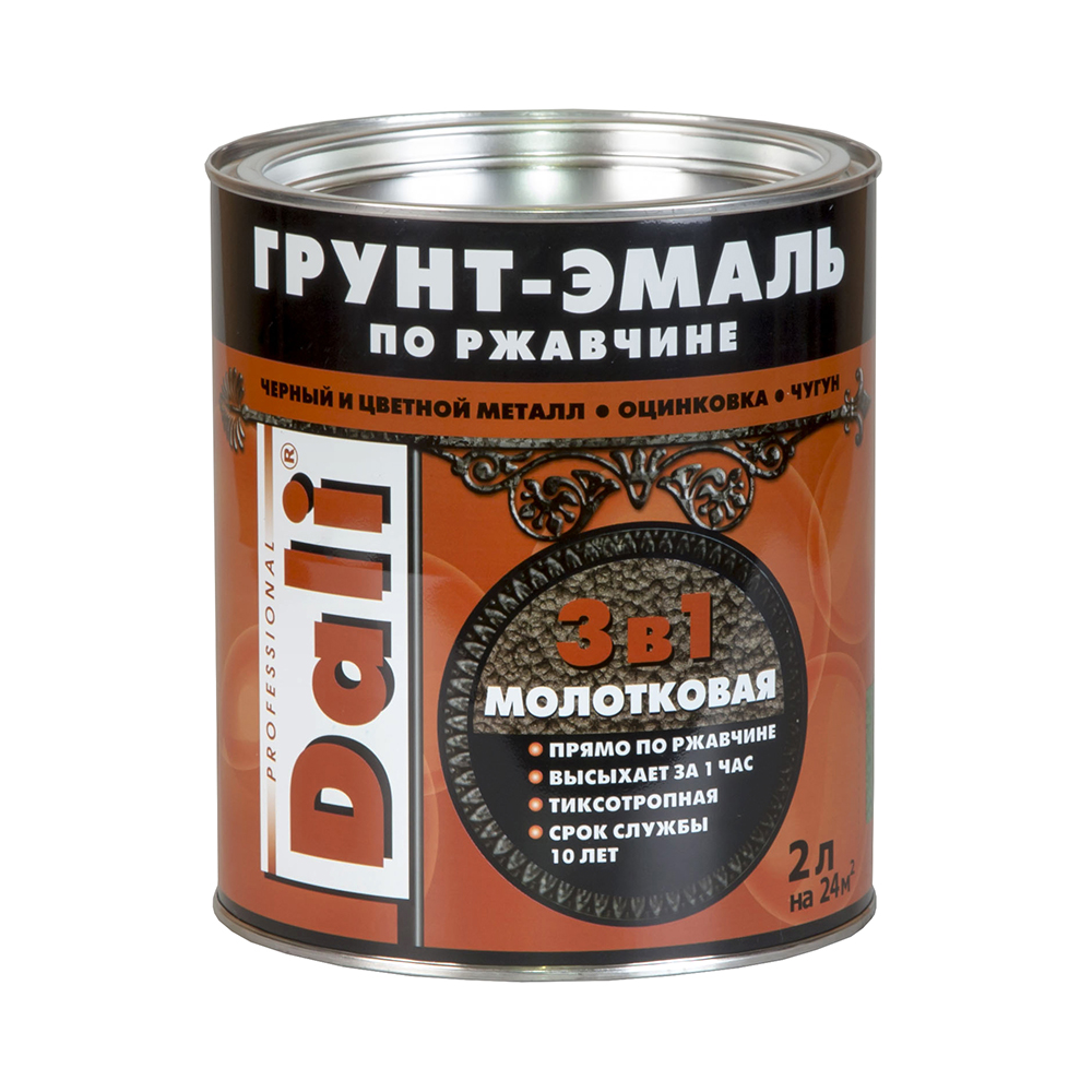 Грунт- эмаль по ржавчине "dali" 3 в 1 молотковая черная  2 л (3) "рогнеда"