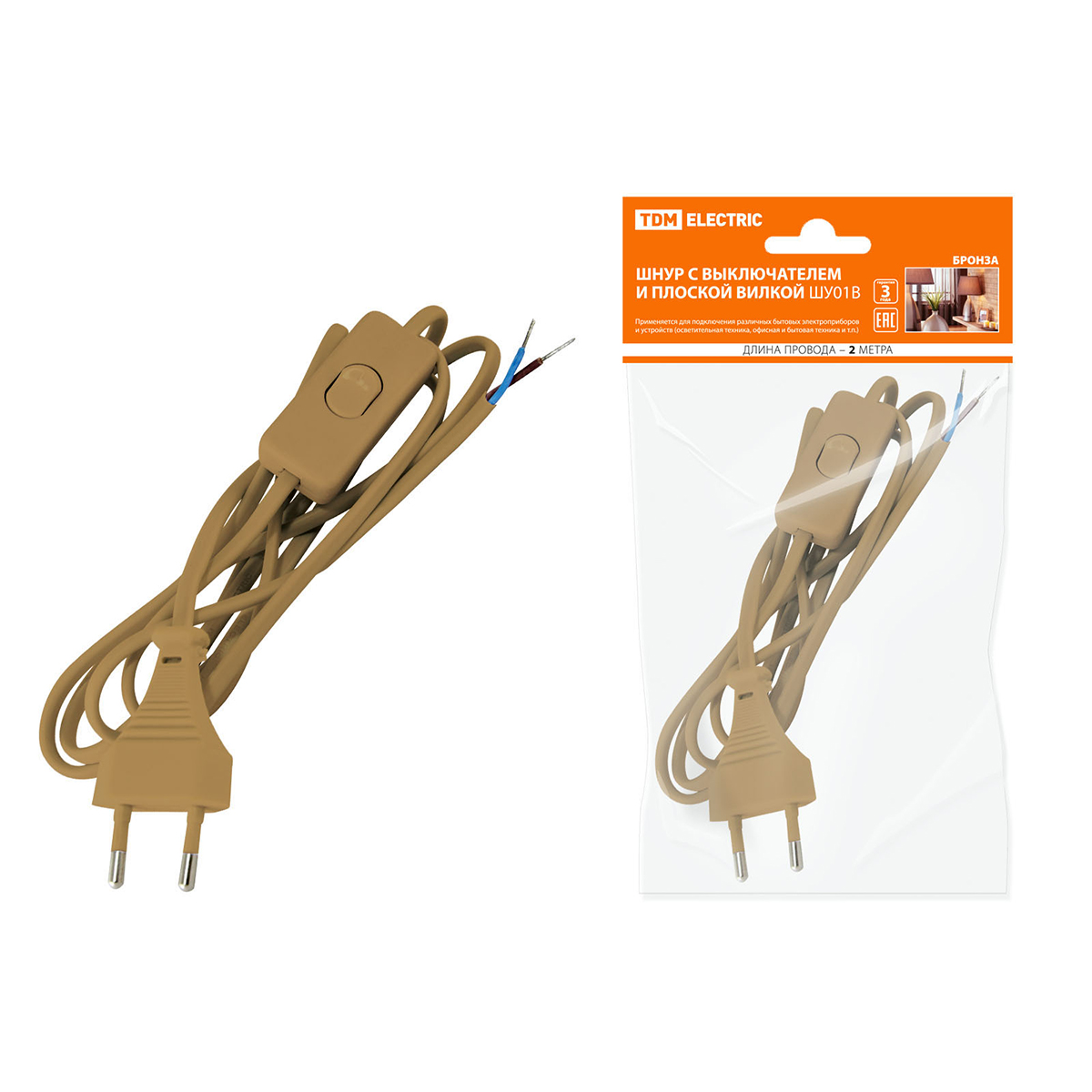 Шнур шу01в шввп 2 х 0,75 мм² 2 м, выключ., плоск. вилка, бронза (1/80) tdm sq1305-0003