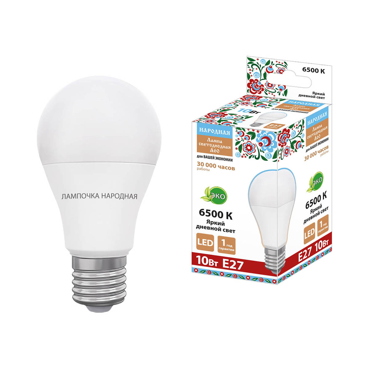 Лампа светодиодная a60 груша 10w 6500 к е27 дневн. свет (10/100) народная  sq0340-1628