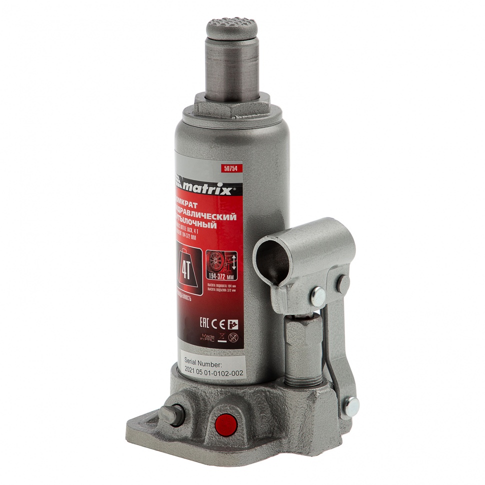 Домкрат гидравлический бутылочный, 4 т, высота подъема 194-372 мм, в пластиковый кейсе Matrix (50754)