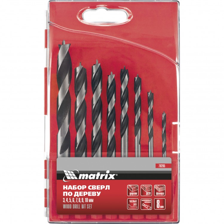 Набор сверл по дереву, 3-4-5-6-7-8-9-10 мм, 8 шт, шестигранный хвостовик, пластиковый кейс, Matrix (70285)