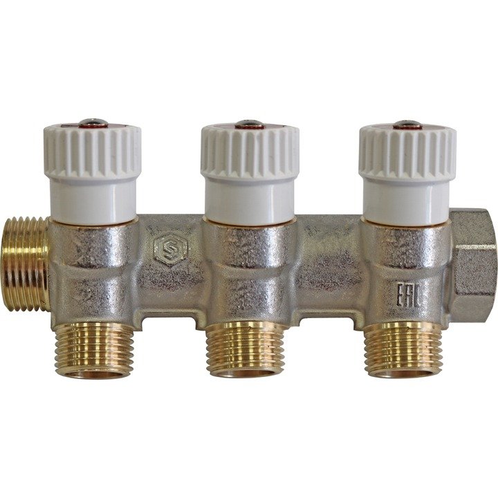 Коллектор 3/4" STOUT с вентилями на 3 выхода 1/2" плоское уплотнение