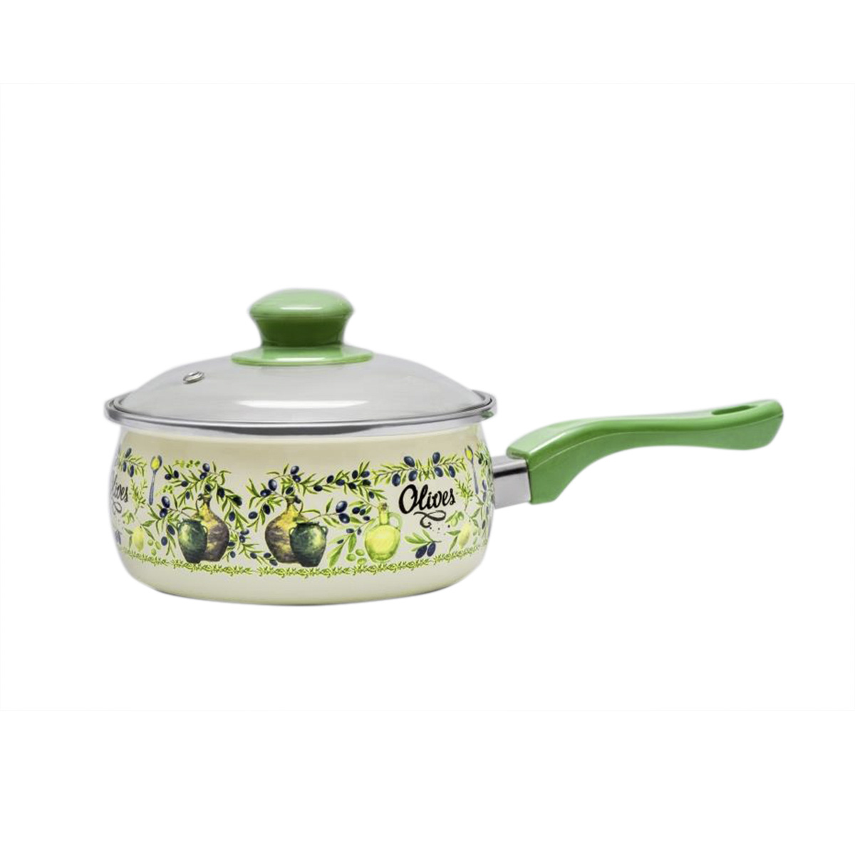 Ковш эмалиров. "олива" 1,65 л, 16 см стекл. крышка (1/6) "metrot"