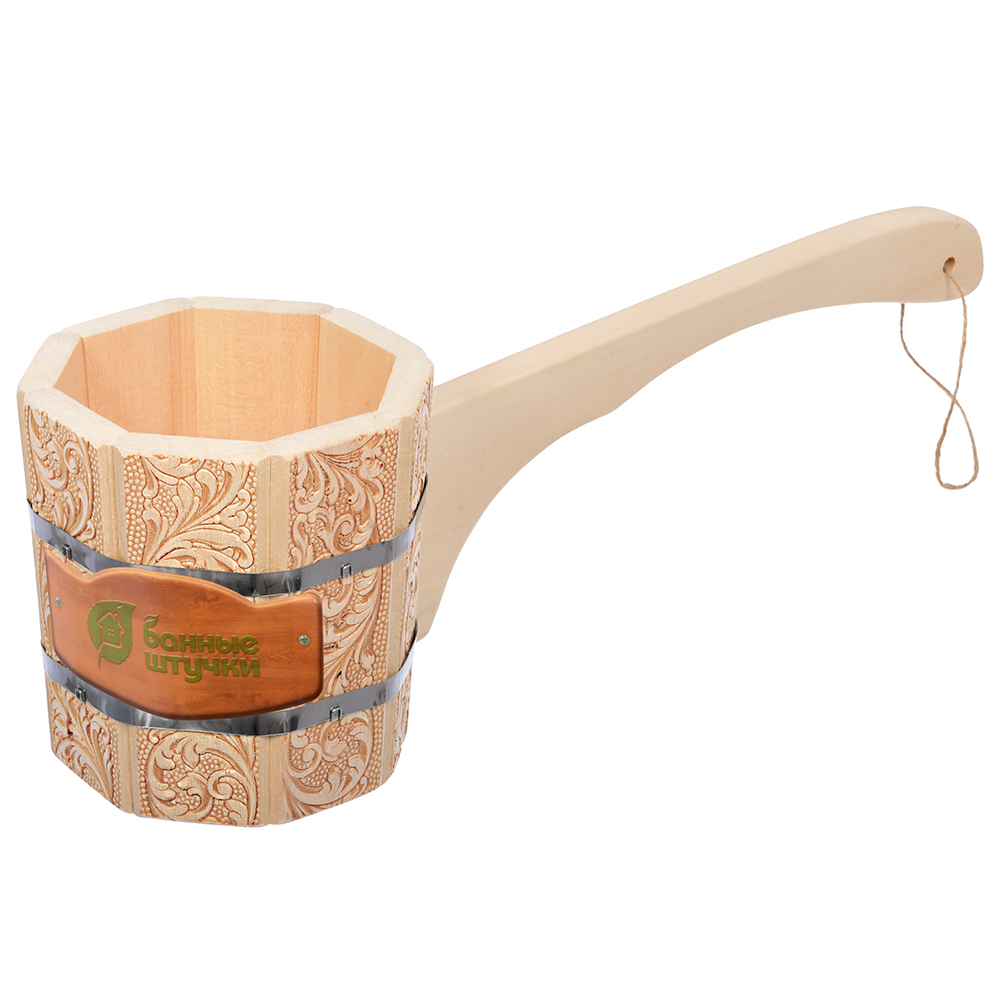 Ковш-черпак для бани и сауны 1,5 л с длинной ручкой, орнамент "цветы", липа (1/5) "банные штучки" 3