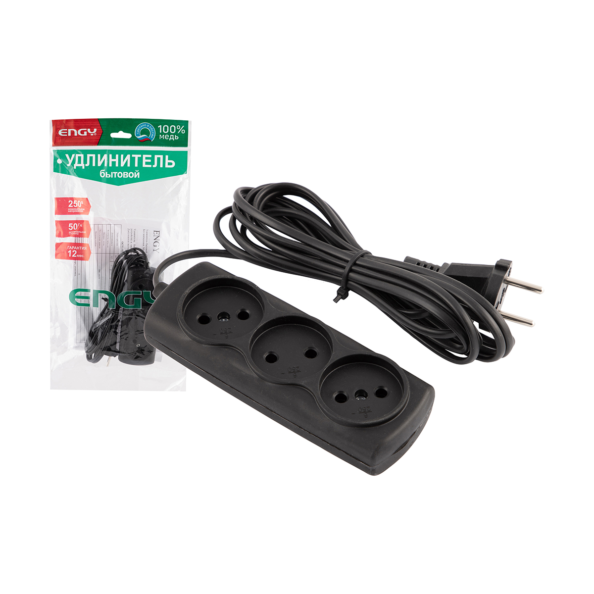Удлинитель "engy эконом"  3 м, 3 розетки (шввп 2 х 0,75), черный (1/60)
