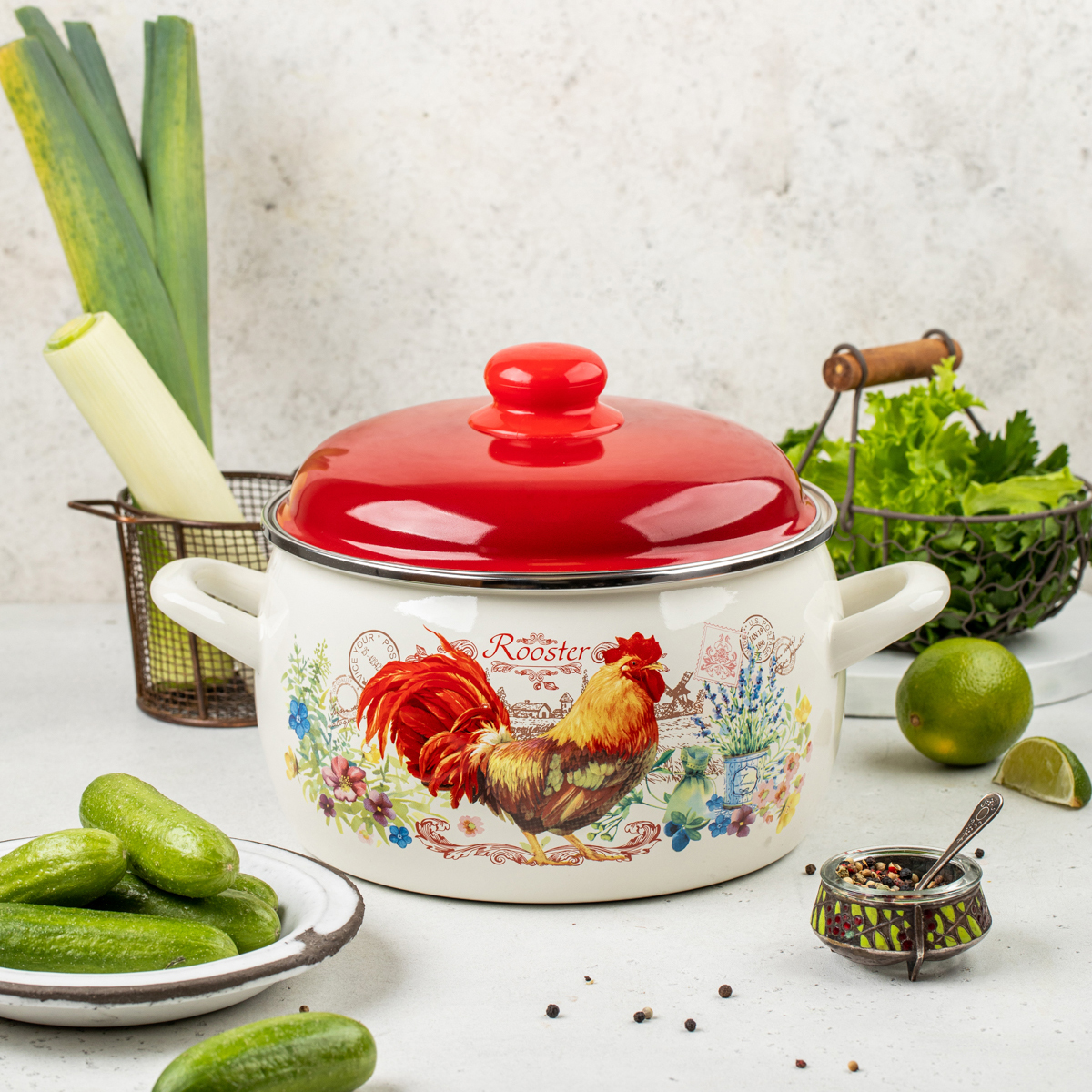 Кастрюля эмалиров. "золотой петушок" 4 л, 20 см металл. крышка (1/4) "metrot"