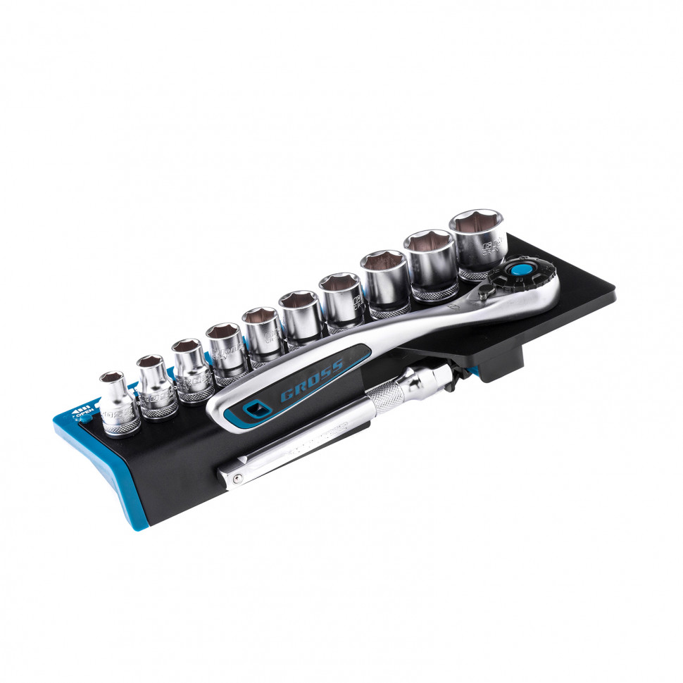 Набор торцевых головок, трещотка 120 зубьев, 12 предметов, 3/8", CrV Gross (14139)