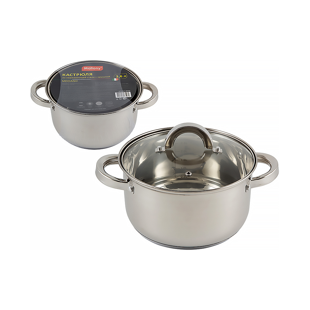 Кастрюля нержав. "mediano" 3,6 л стекл. крышка,  20*11,5 см (1/6) "mallony"