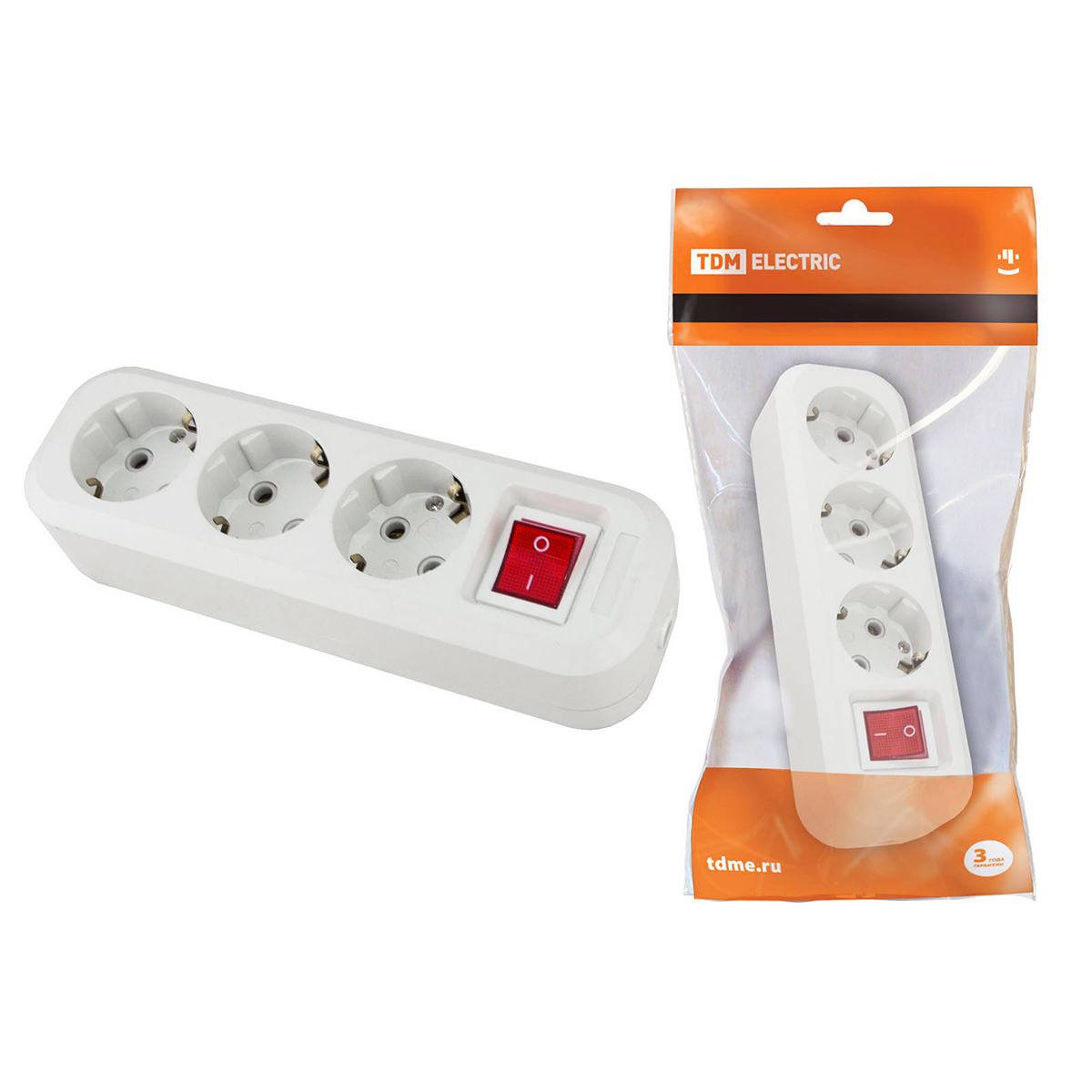 Колодка розеточная 3 гнезда с заземл. c выкл. 16а 250в белая (1/15/90) tdm sq1806-0017