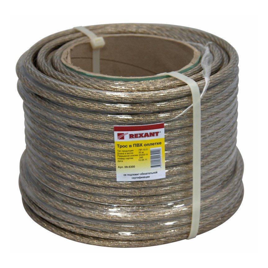 Трос стальной в пвх оплетке 10 мм х 50 м, прозрачный (1) "rexant" 09-5300