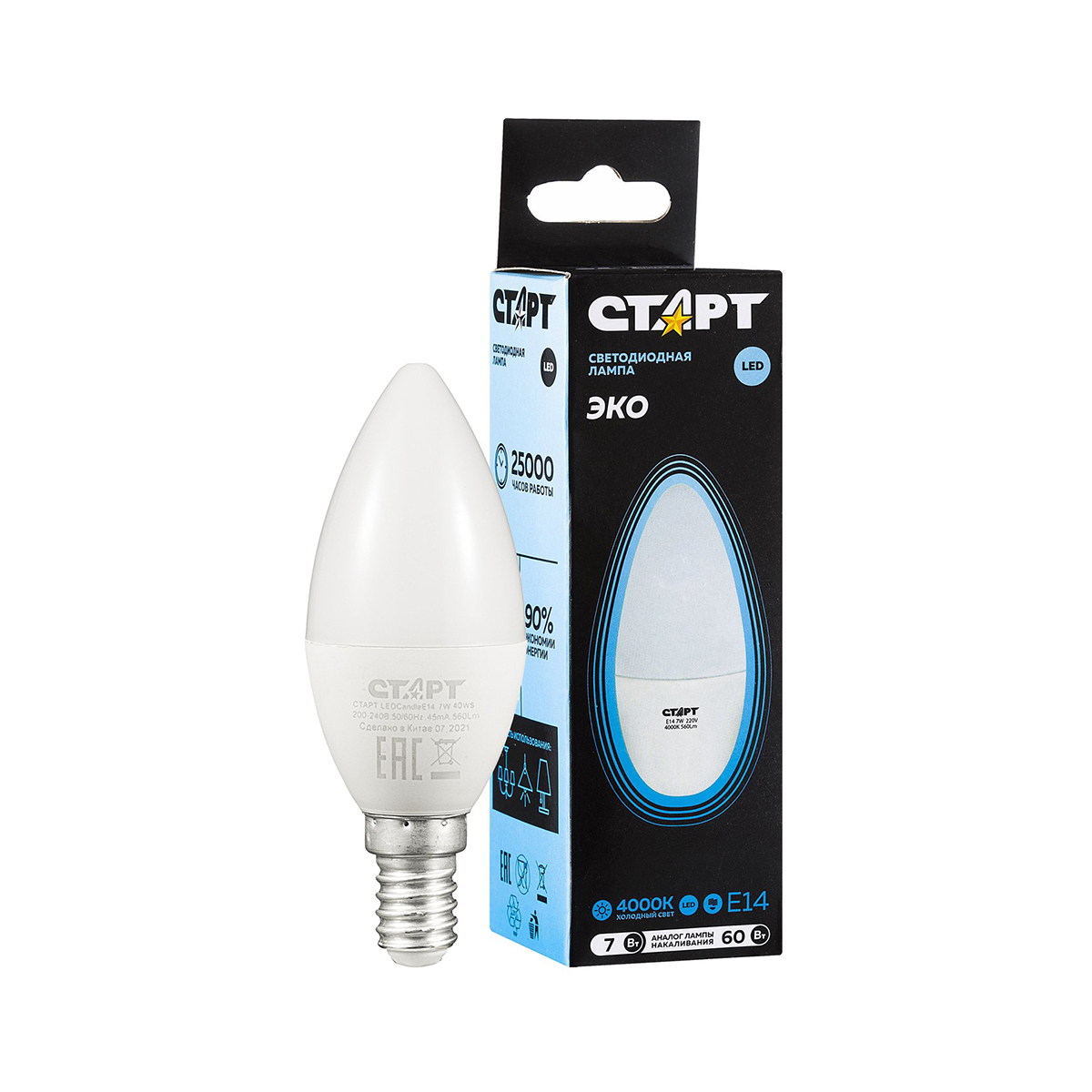 Лампа светодиодная "старт эко" свеча 7w 4000 к  e14, хол. свет (10/100)