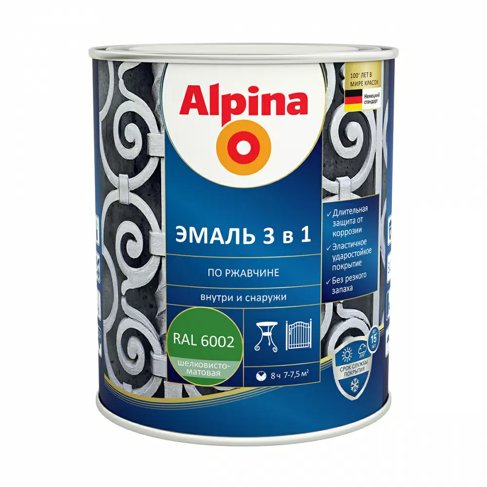 ALPINA Эмаль алкидно-уретановая по ржавчине 3 в 1, RAL 6002 зеленый (0,75л)